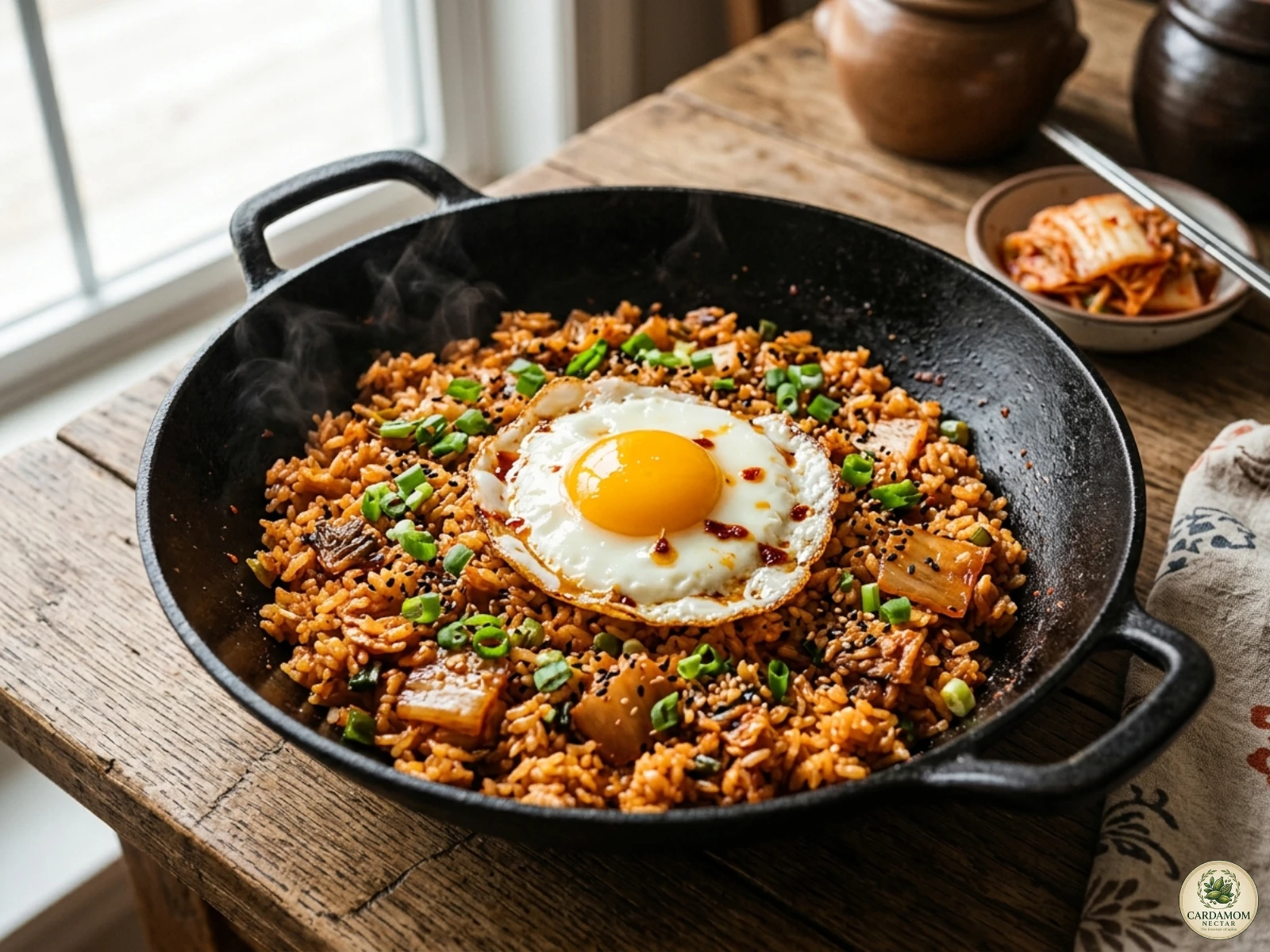 Classic kimchi fried rice in cast iron wok with fried egg on top — best kimchi fried rice recipe