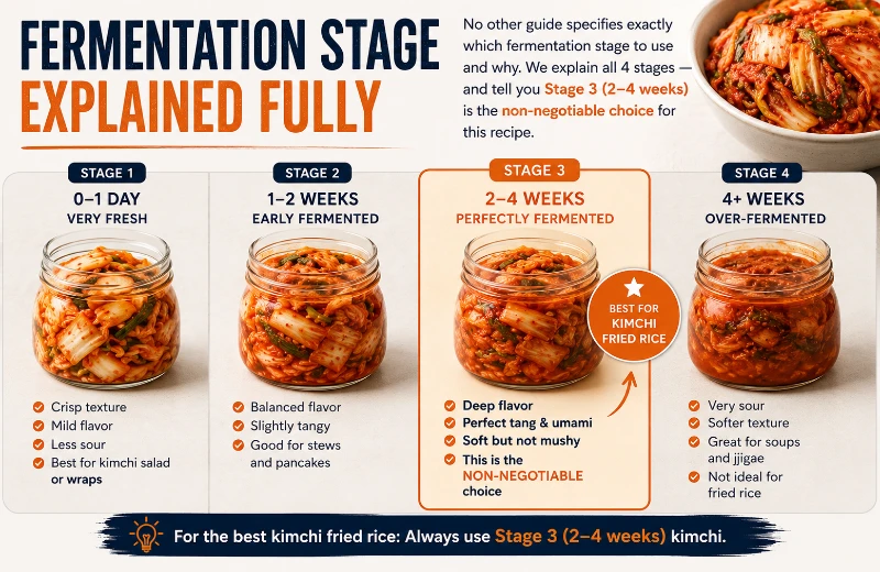 Four kimchi fermentation stages explained with Stage 3 aged kimchi recommended for kimchi fried rice