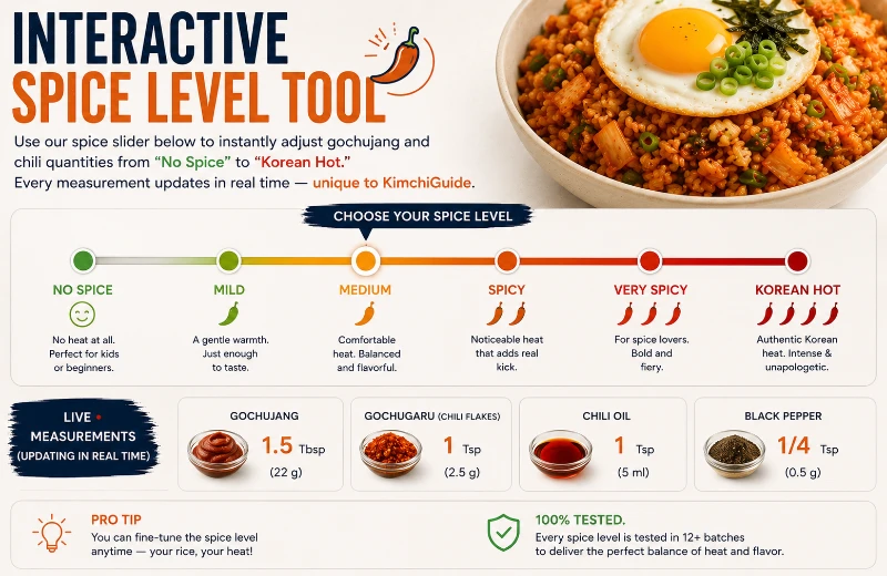Interactive spice level tool that adjusts kimchi fried rice gochujang and chili quantities in real time