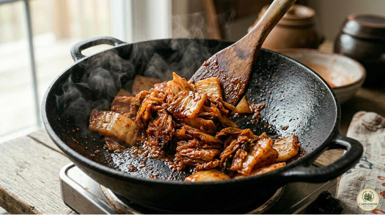Draining aged kimchi and reserving kimchi juice for kimchi fried rice recipe