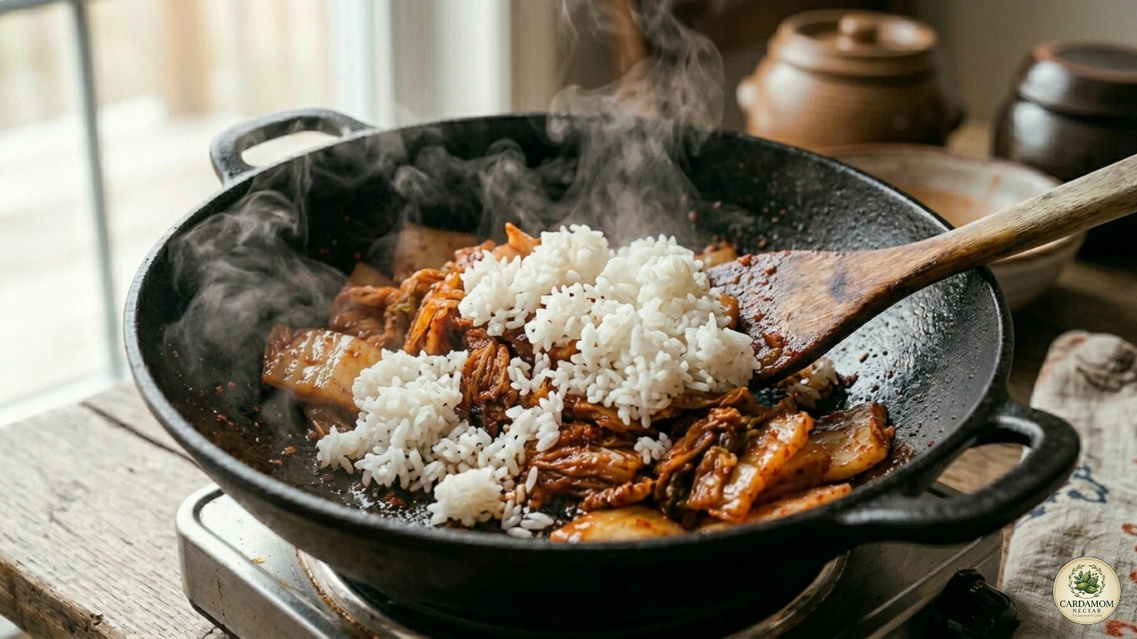 Adding day-old rice to caramelised kimchi and toasted gochujang in cast iron wok