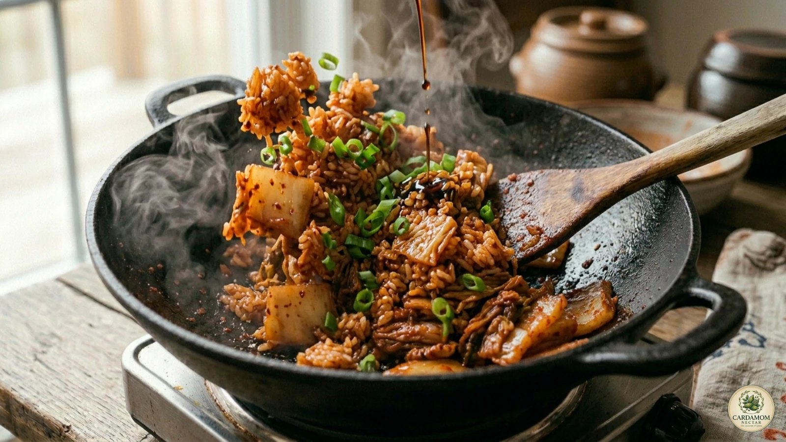 Tossing kimchi fried rice in cast iron wok with kimchi juice, soy sauce and sesame oil