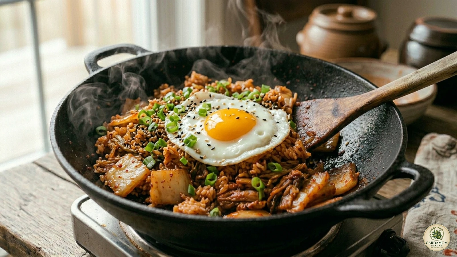 Perfectly fried egg on top of kimchi fried rice — runny yolk finishing technique