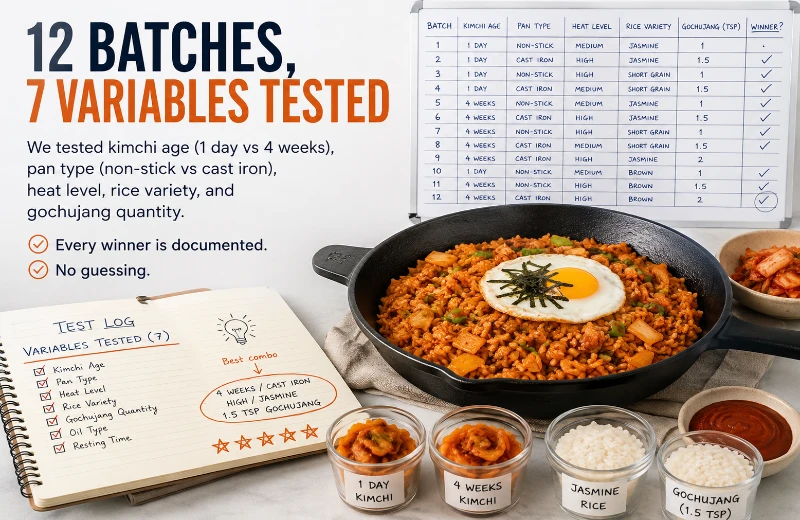 12-batch kimchi fried rice testing process comparing kimchi age, rice type, pan type, and gochujang levels