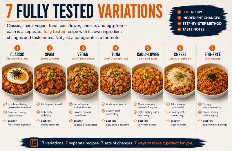 Seven kimchi fried rice recipe variations including spam, vegan, tuna, cauliflower, cheese and egg-free versions