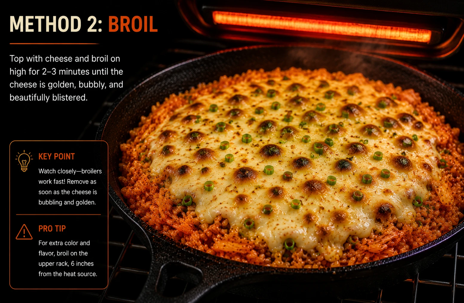 Broil method kimchi cheese fried rice oven 240C golden blistered bubbling top result