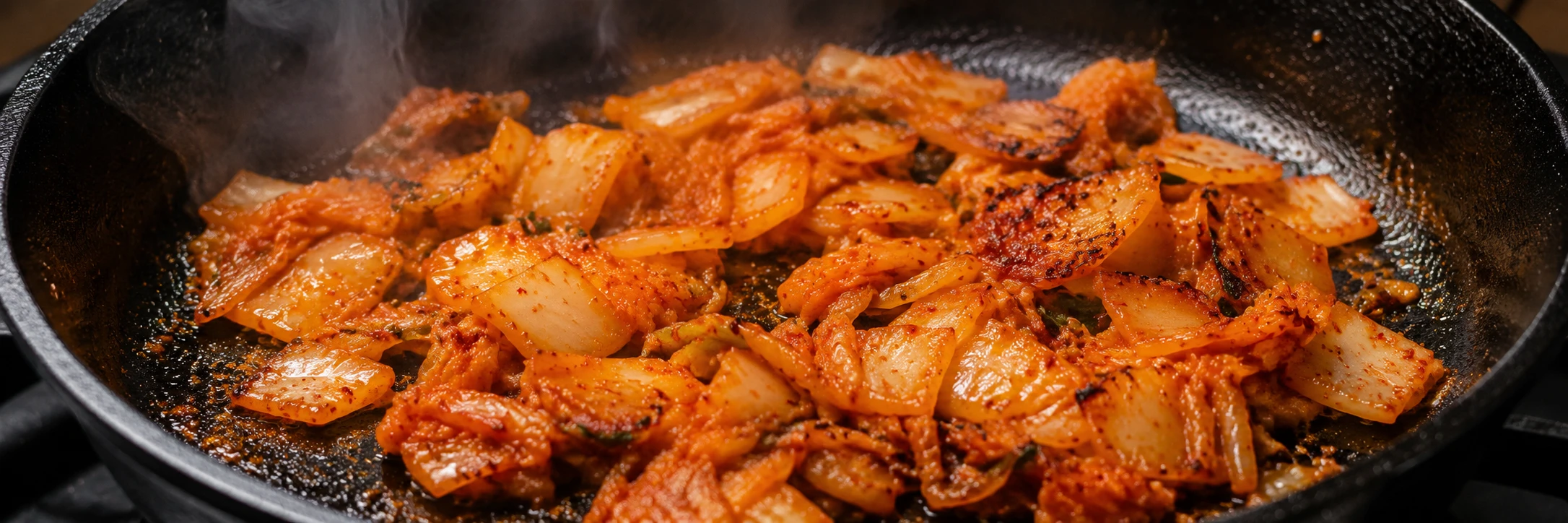 Aged kimchi caramelising in smoking cast iron pan — edges turning golden-brown in Step 2 of classic bokkeumbap