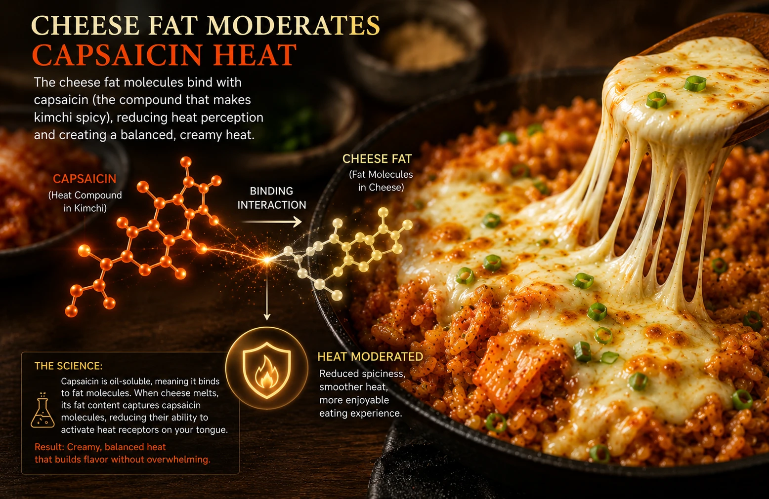 Cheese fat moderating capsaicin heat perception in kimchi fried rice spice reduction