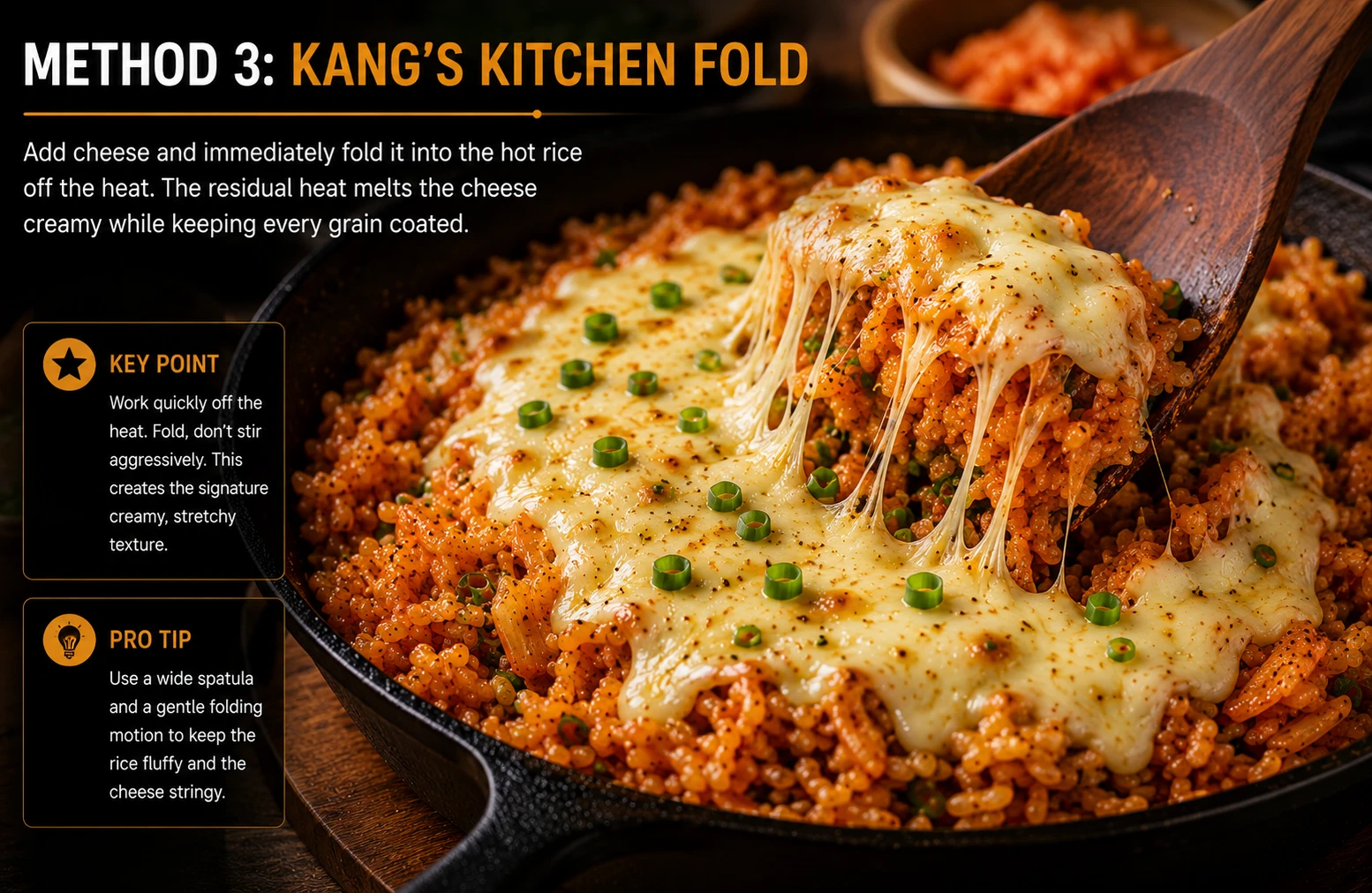 Kang Kitchen fold method kimchi cheese fried rice pressing full nurungji disc folding half onto plate dramatic