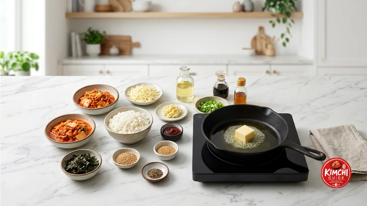 Butter and neutral oil combined in hot cast iron pan foam subsiding dairy base kimchi cheese fried rice