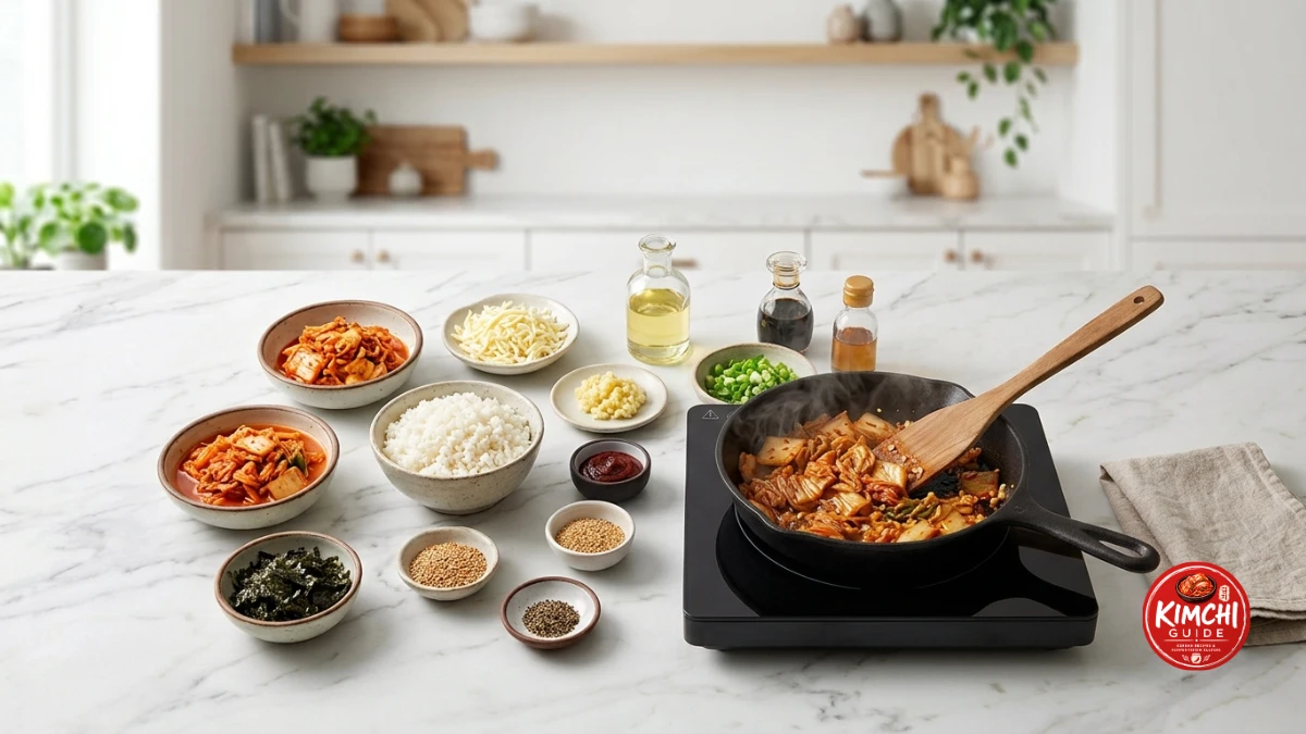 Aged kimchi caramelising in butter oil base cast iron pan golden-orange edges kimchi cheese fried rice