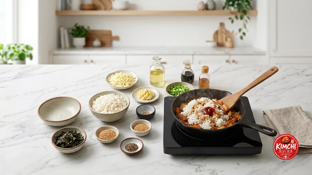 Toasting gochujang cold rice added to caramelised kimchi pressing for nurungji crust kimchi cheese fried rice