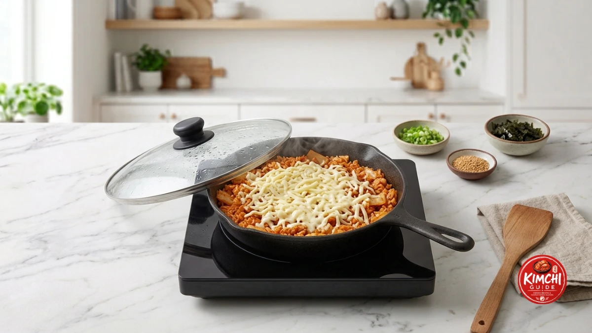 Shredded mozzarella scattered evenly over kimchi fried rice cast iron pan lid placed 90 second melt