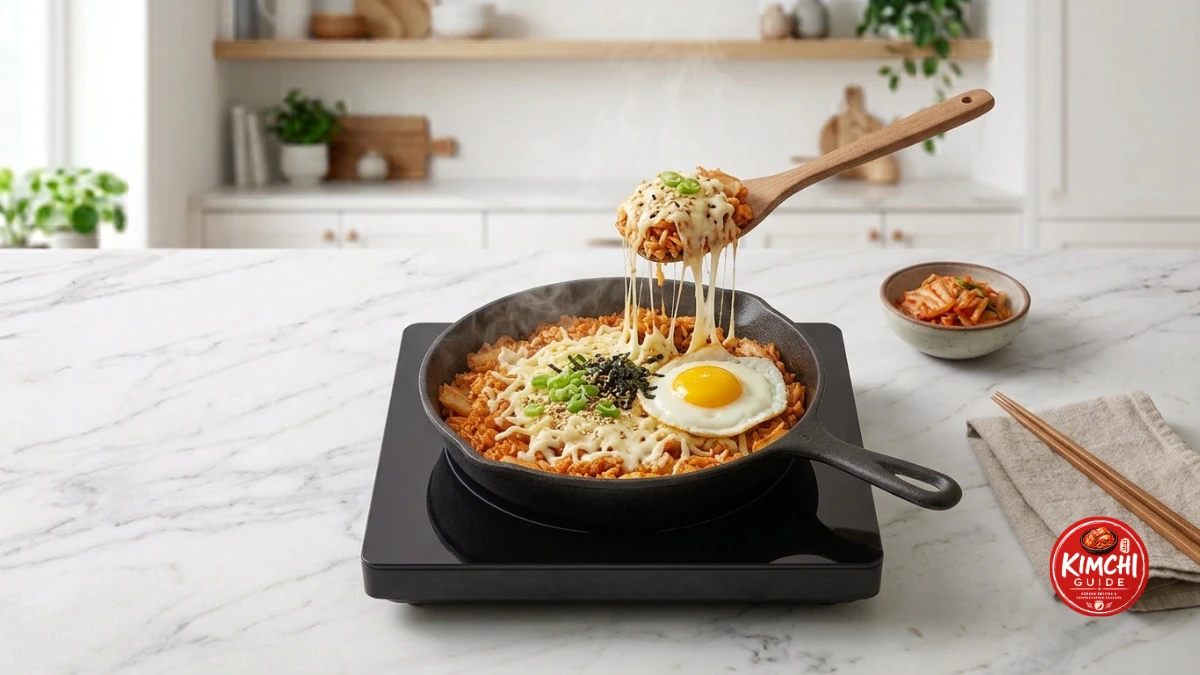 Finished kimchi cheese fried rice with dramatic mozzarella cheese pull basted runny egg spring onions sesame nori