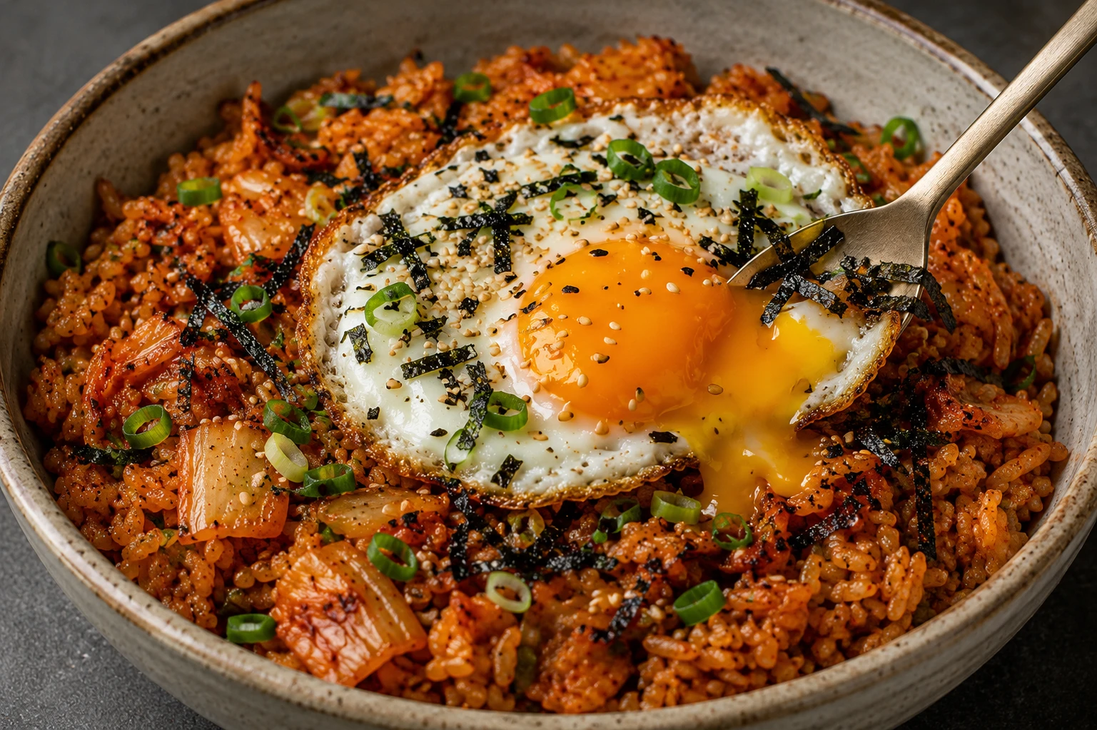 Classic kimchi fried rice in Korean bowl topped with basted fried egg with runny yolk, sesame seeds, nori and spring onion