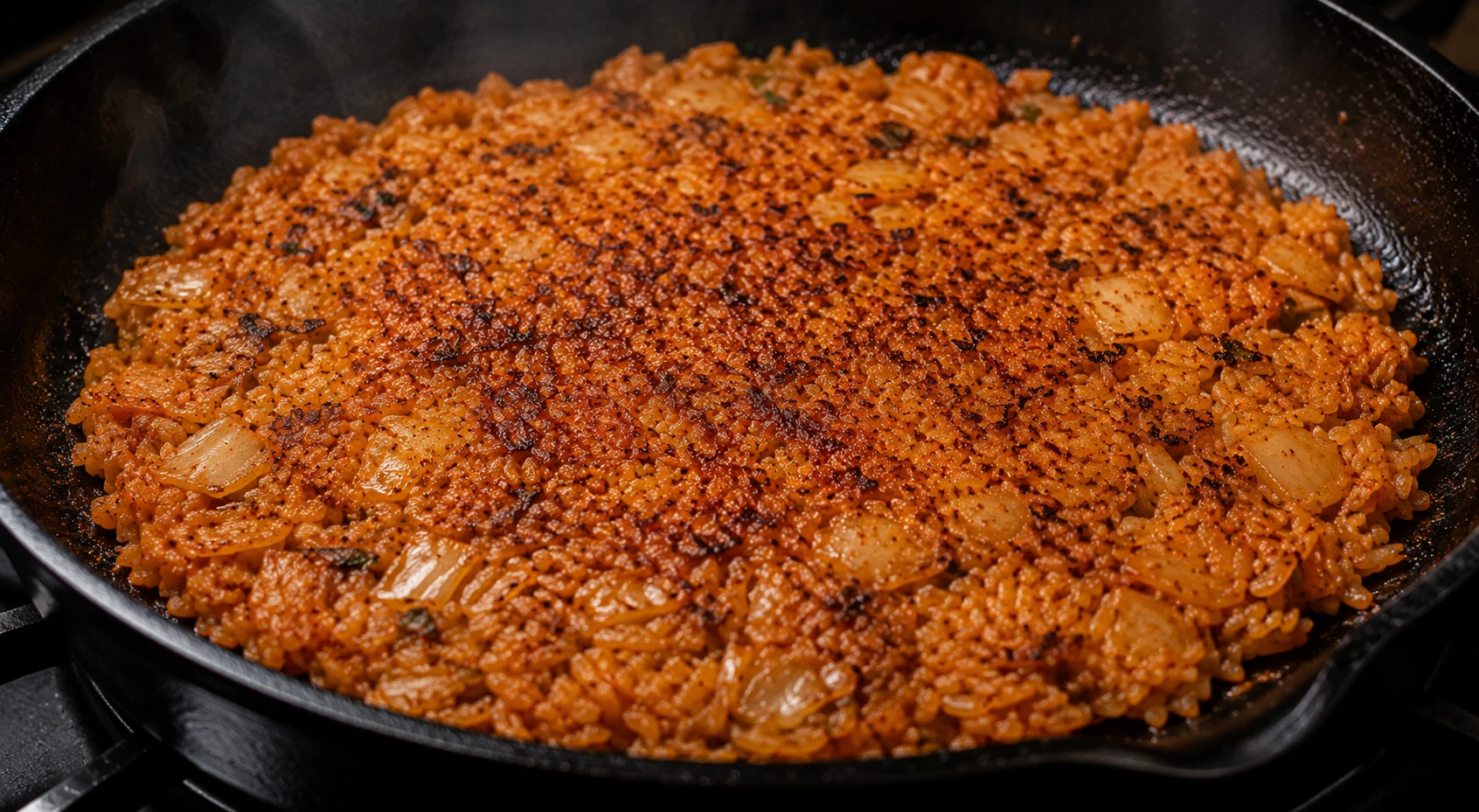 Rice pressed flat against hot cast iron pan to create nurungji caramelised crust — Step 4 classic kimchi bokkeumbap