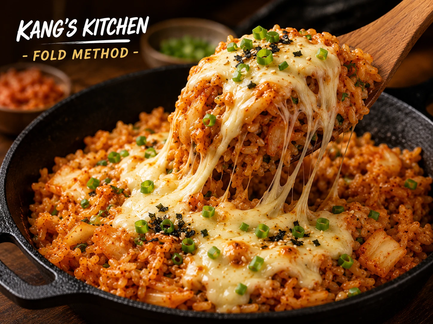 Kang Kitchen fold method kimchi cheese fried rice cast iron pan nurungji disc being folded