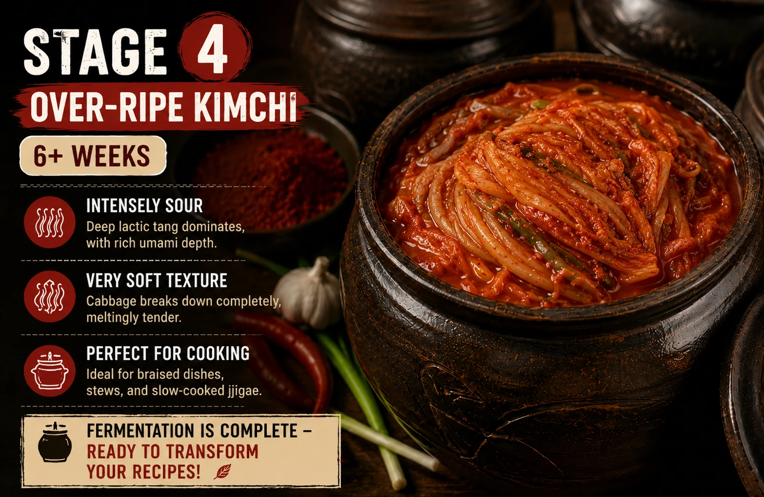 Stage 4 over-ripe mukeun kimchi 6+ weeks — intensely sour, very soft, ideal for braised dishes and slow-cooked jjigae