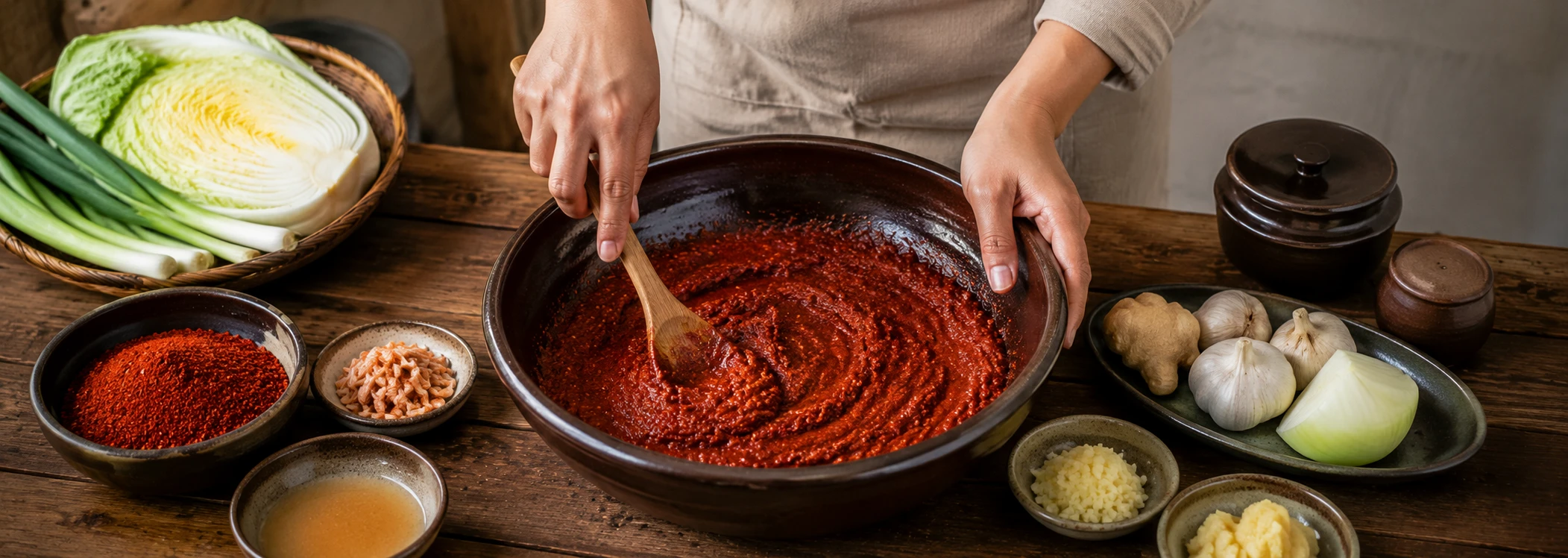 Mixing gochugaru kimchi paste with garlic and ginger — the red pepper base