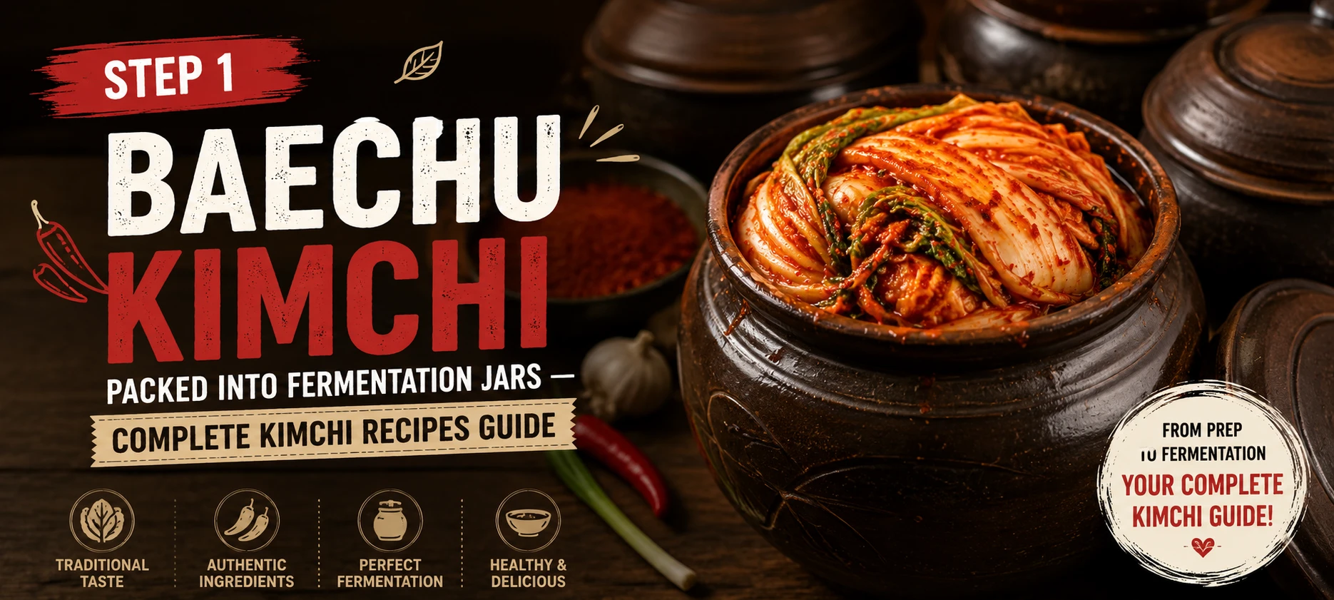 Baechu kimchi packed into fermentation jars — complete kimchi recipes guide