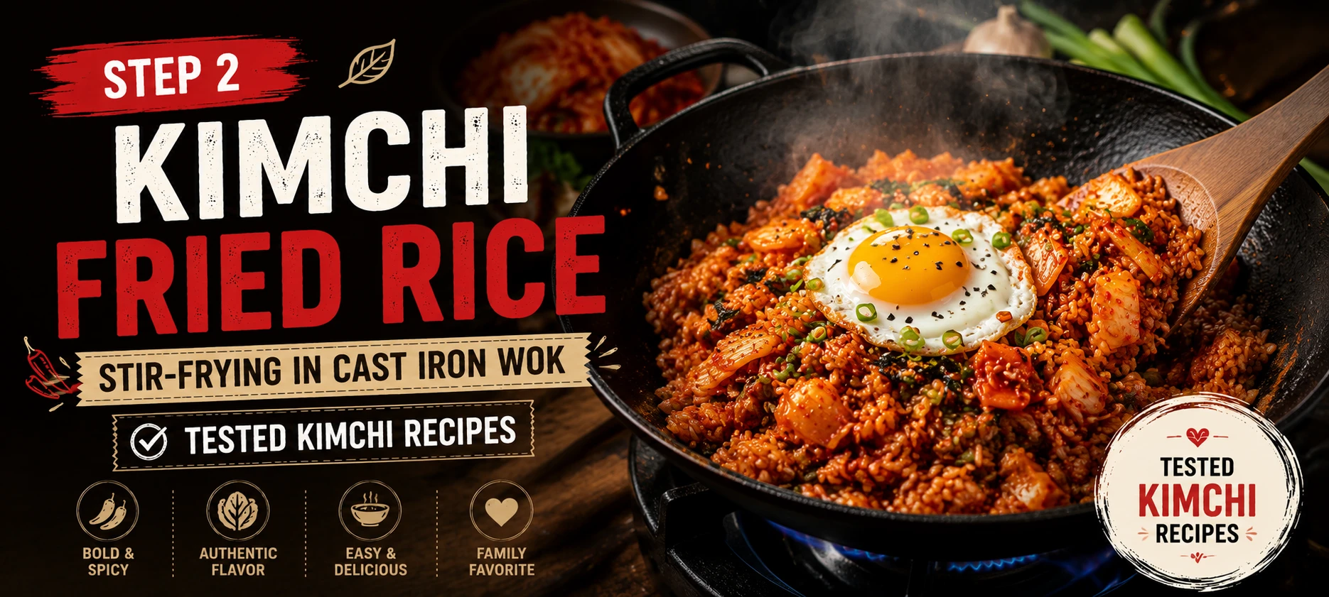 Kimchi fried rice stir-frying in cast iron wok — tested kimchi recipes