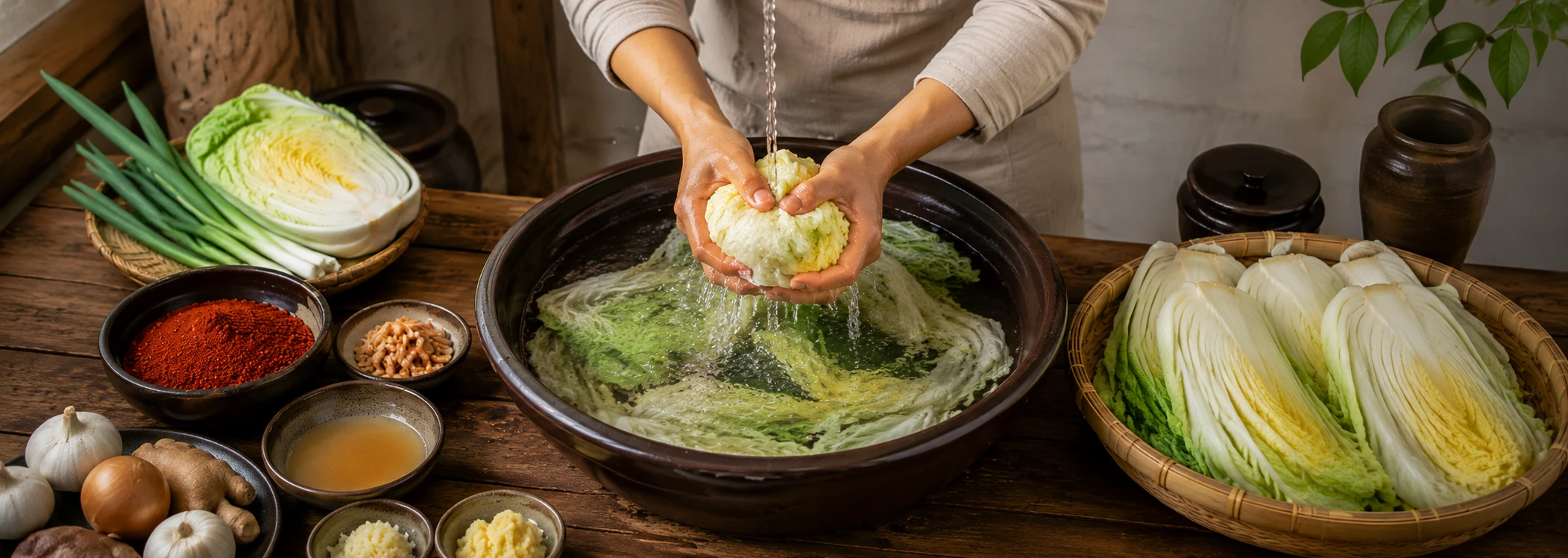 Rinsing salted cabbage under cold water then squeezing out excess moisture