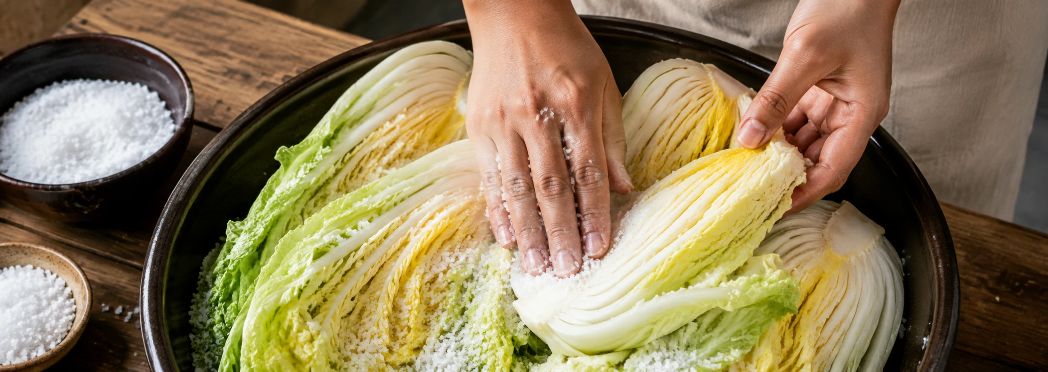 Salting napa cabbage for kimchi — coarse sea salt drawn through every layer