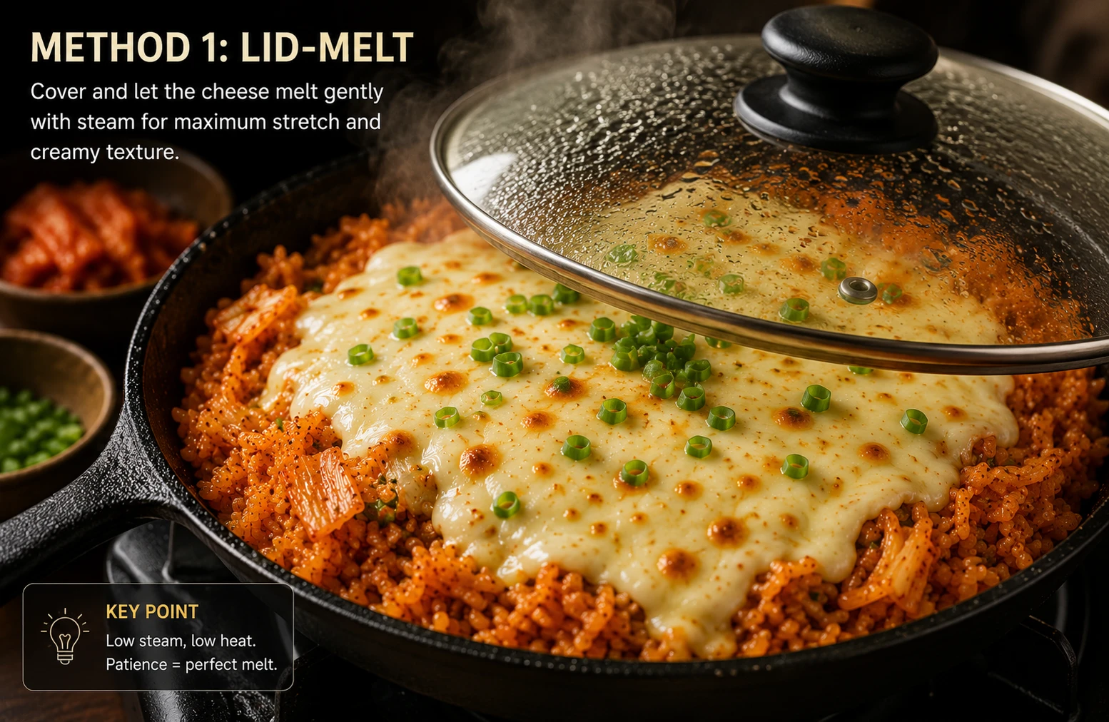 Lid melt method kimchi cheese fried rice cast iron covered mozzarella 90 second melt recommended