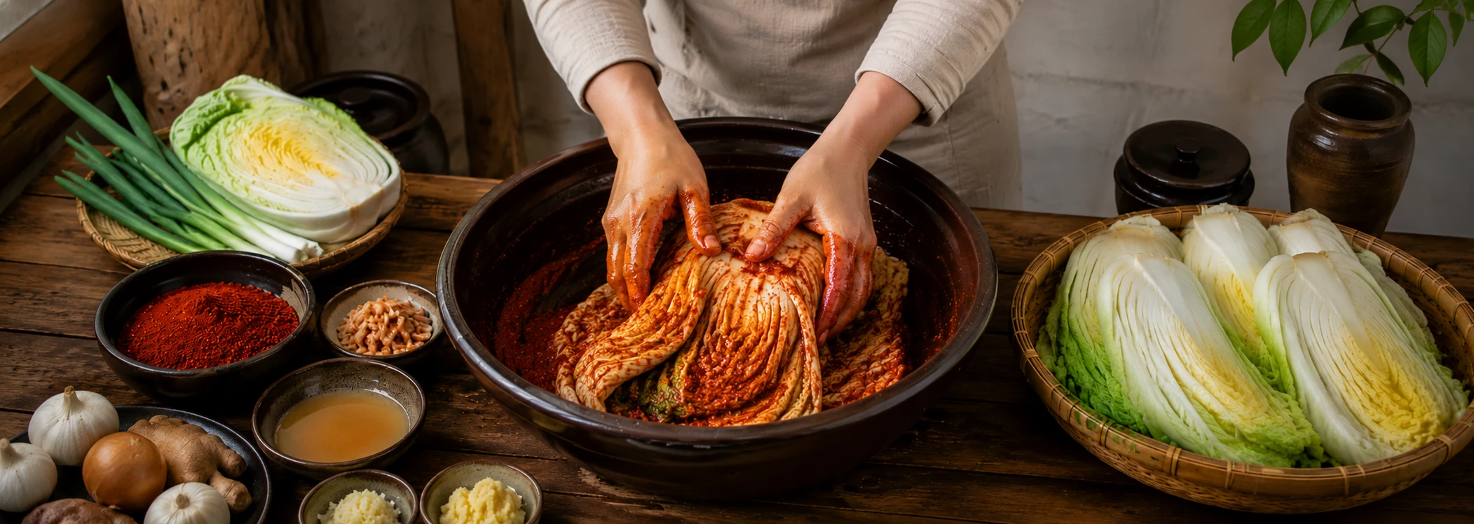 Massaging gochugaru paste into cabbage by hand — coating every leaf uniformly
