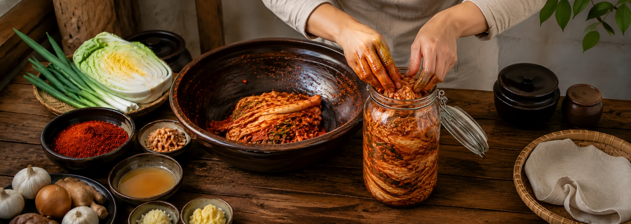 Packing kimchi tightly into glass jar for fermentation then refrigerating
