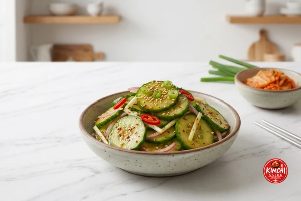 Oi muchim Korean spicy cucumber salad — temperature contrast pairing for classic kimchi fried rice