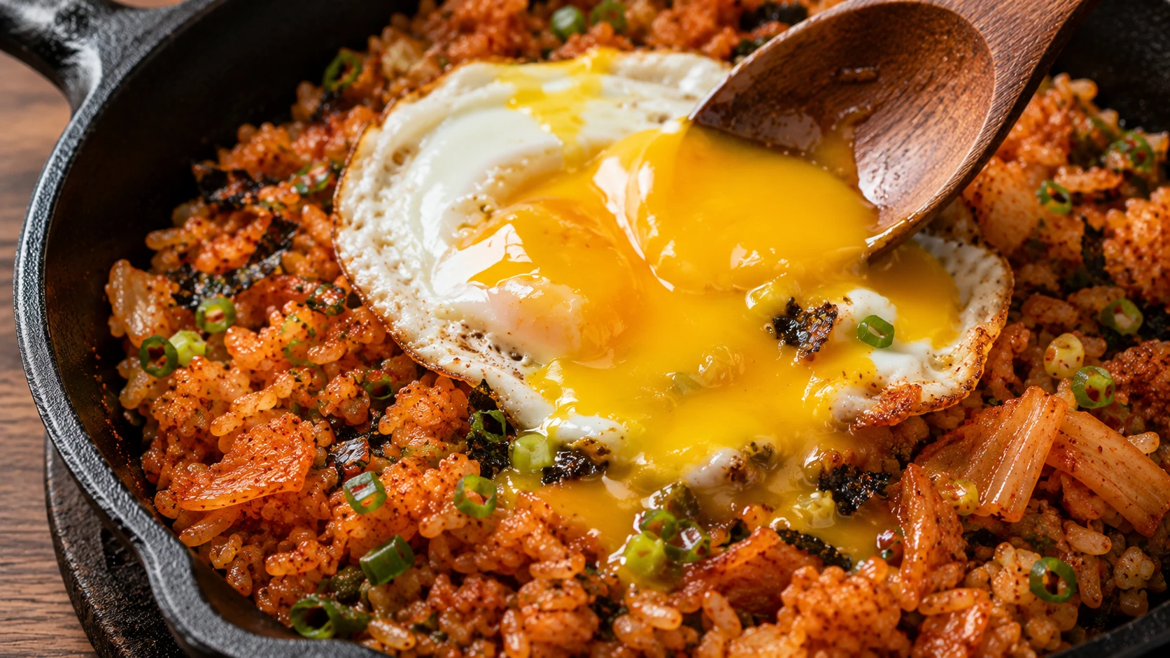 Basted fried egg with completely runny yolk placed on classic kimchi fried rice