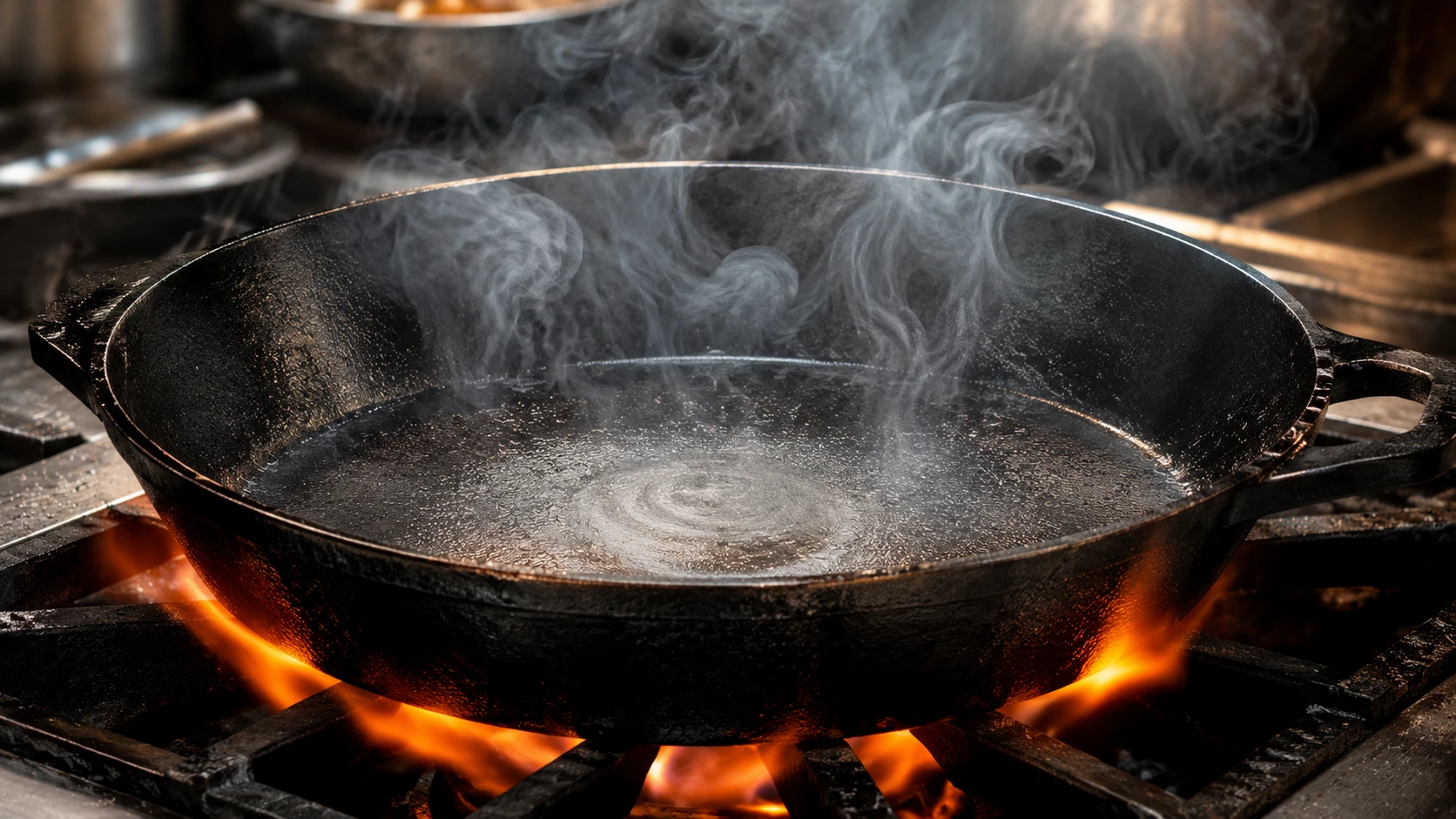 Cast iron pan at smoking heat — the correct starting temperature for classic kimchi bokkeumbap