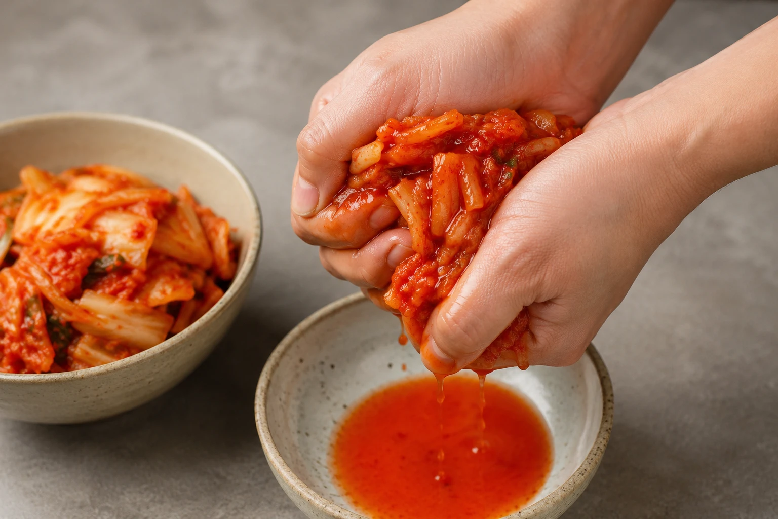 Roughly chopped aged kimchi being squeezed over bowl to collect 3 tablespoons of kimchi juice — Step 1 classic bokkeumbap