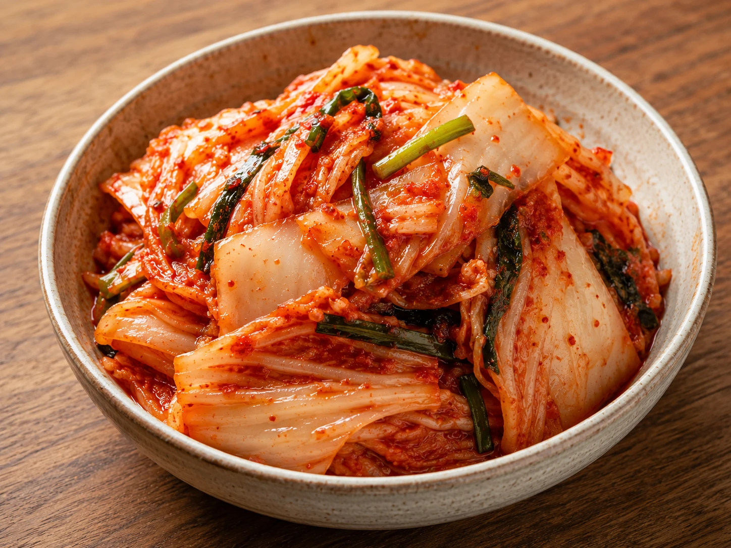 Stage 1 fresh kimchi — bright red and crunchy, 0 to 3 days old, not suitable for classic bokkeumbap