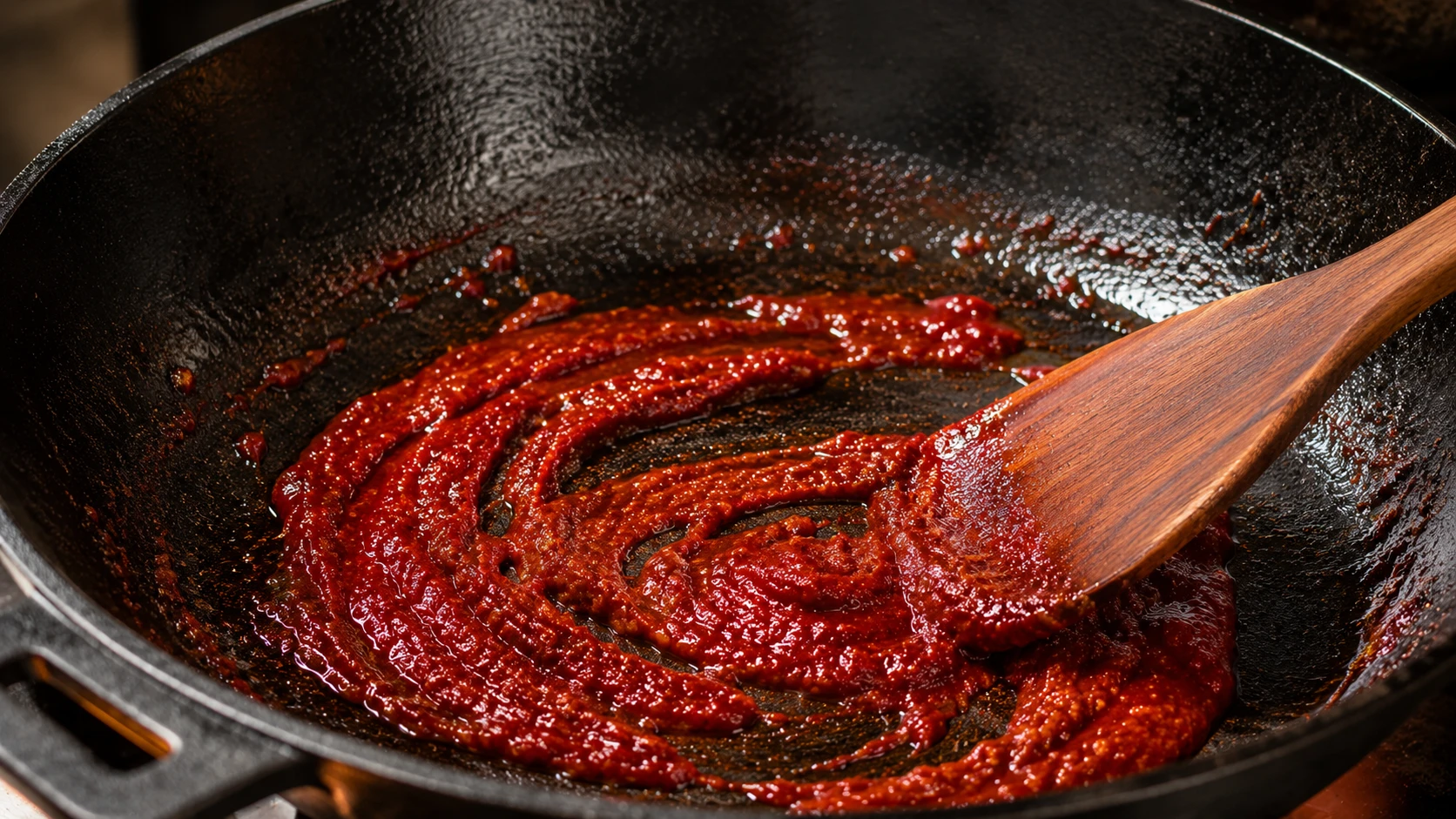 Gochujang Korean fermented chili paste — toasted alone in pan for 30 seconds before adding rice