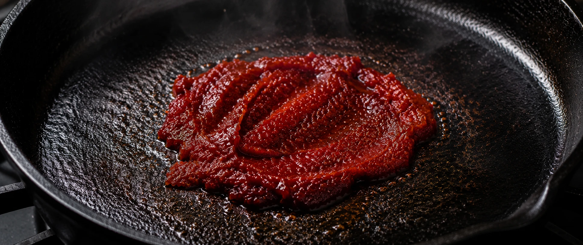 Gochujang toasting alone on hot cast iron surface — darkening from bright red to deep brick red in 30 seconds