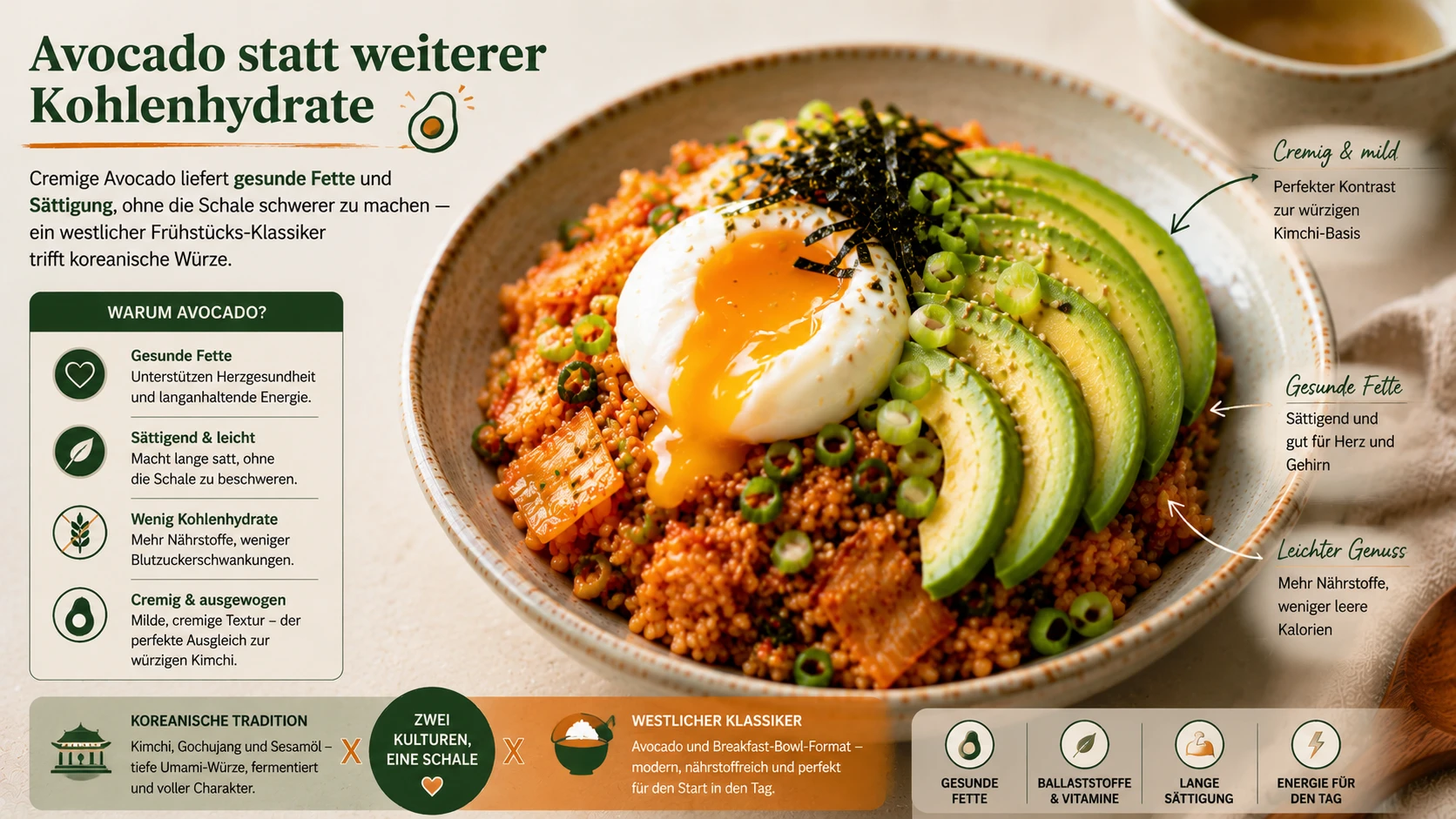 Frisch geschnittene Avocado auf Kimchi-Frühstücksschale