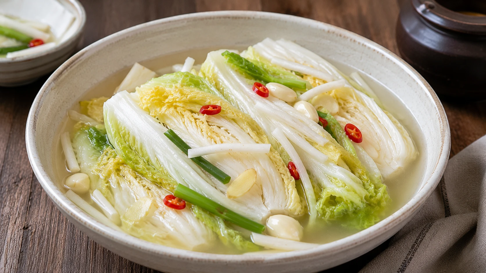 Baek-kimchi, pale white non-spicy napa cabbage kimchi, in a clear brine