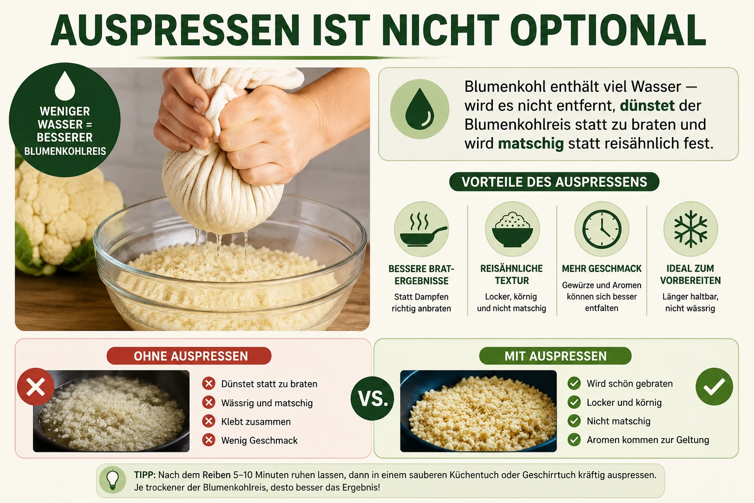 Blumenkohlreis wird in einem Küchentuch ausgepresst, um Feuchtigkeit zu entfernen