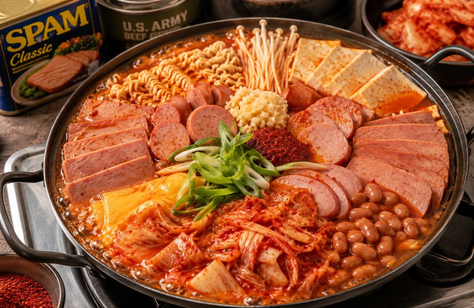 Budae jjigae Korean army base stew with spam — cultural history of spam in Korean cuisine
