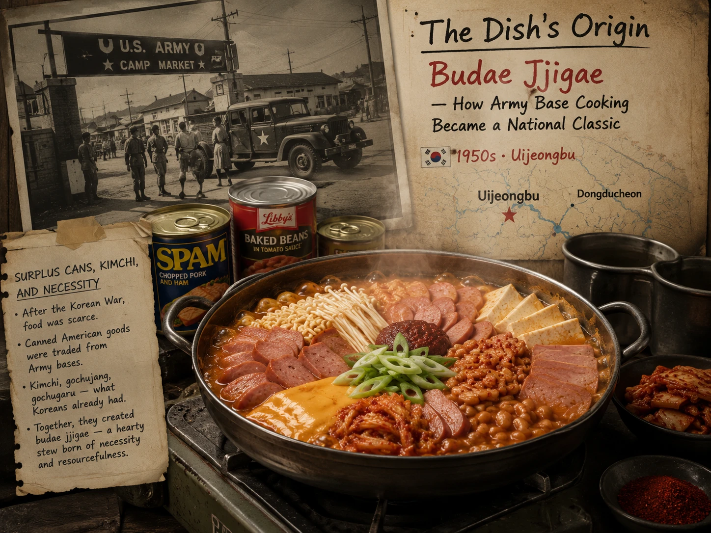 Budae jjigae origin story army base canned goods kimchi post-war Korea