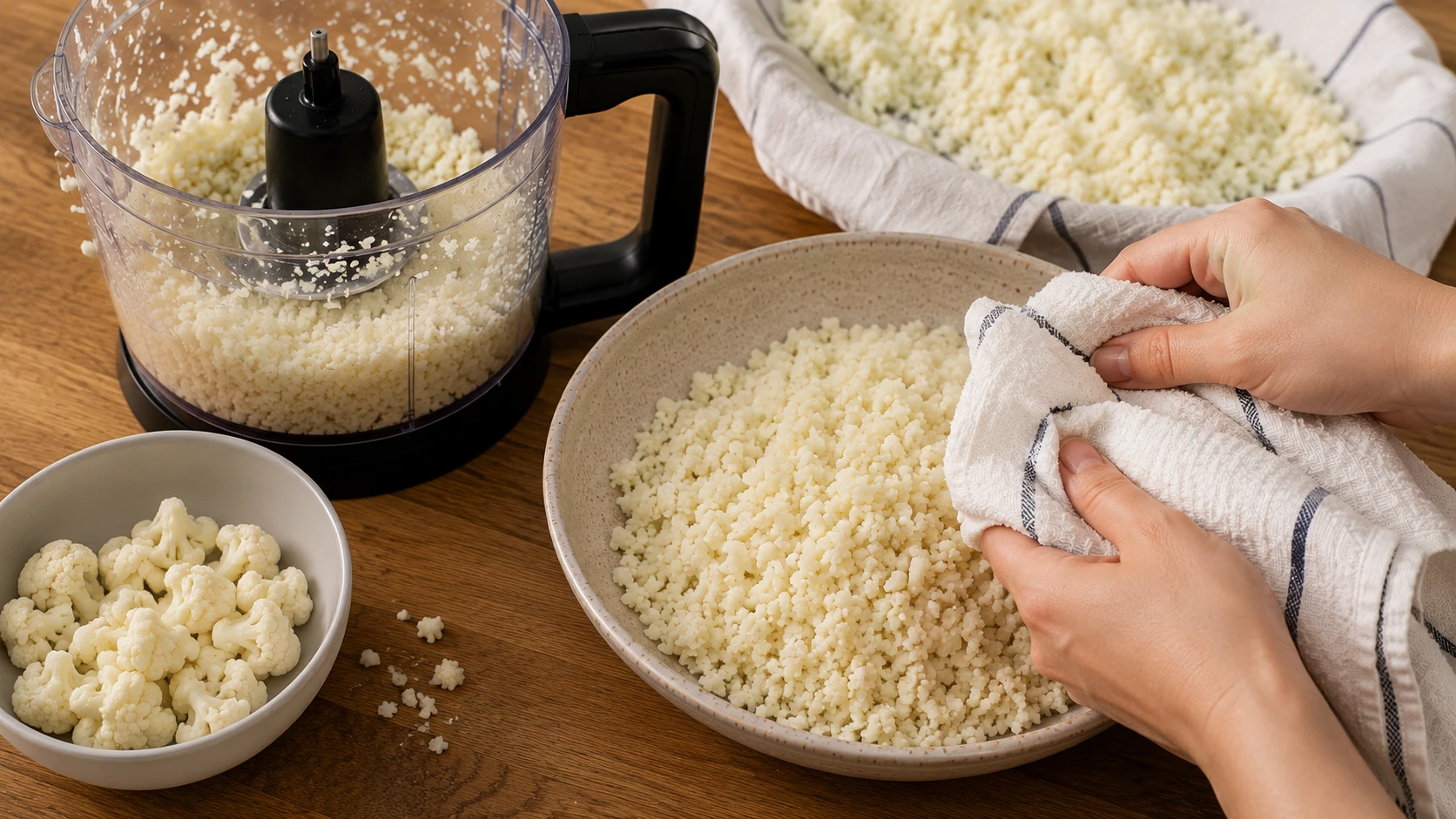 Ricing cauliflower in food processor and patting dry with towel for kimchi cauliflower fried rice