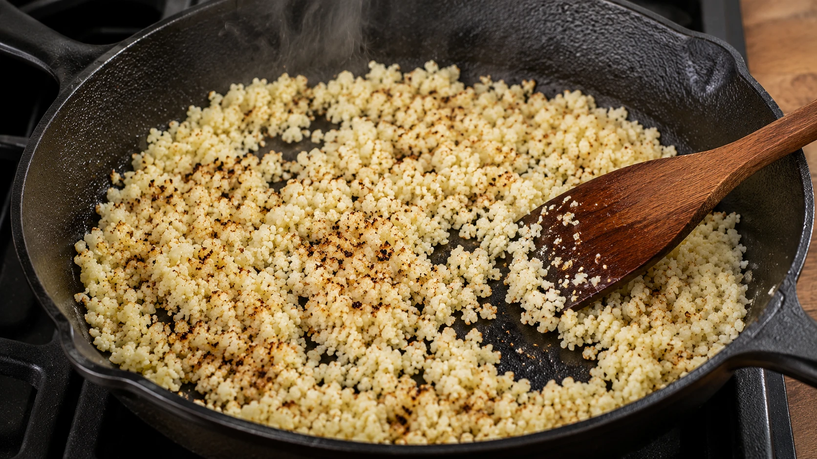 Dry fry method riced cauliflower thin layer cast iron pan moisture evaporating golden char