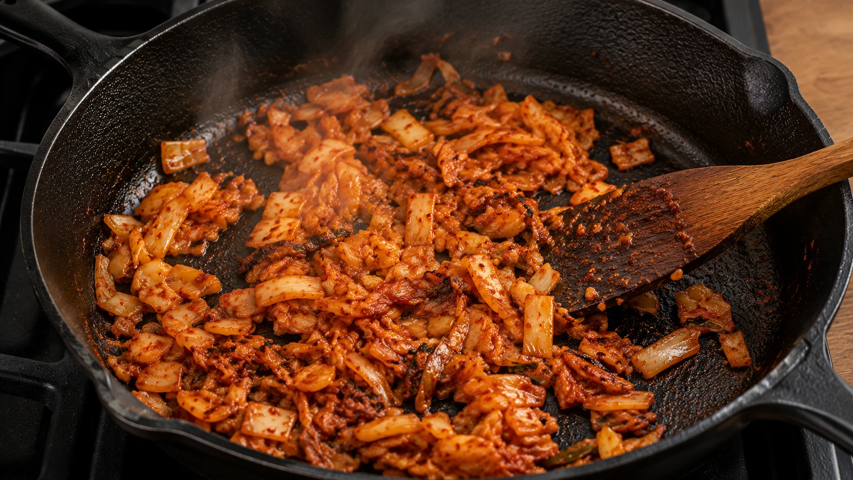 Kimchi caramelising in same cast iron pan used for cauliflower dry fry kimchi cauliflower fried rice