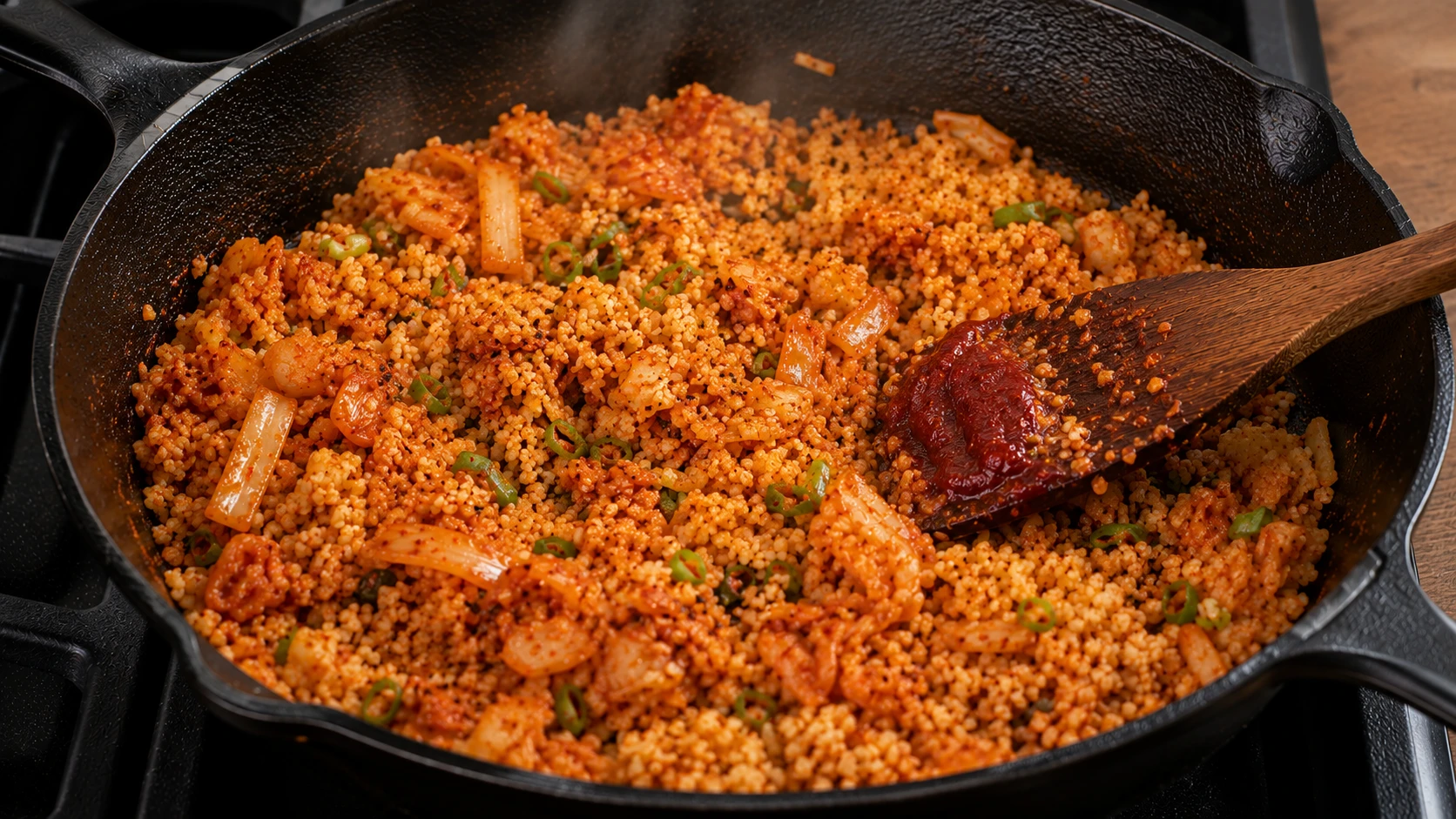 Combining dry fried cauliflower rice with caramelised kimchi and gochujang seasoning briefly