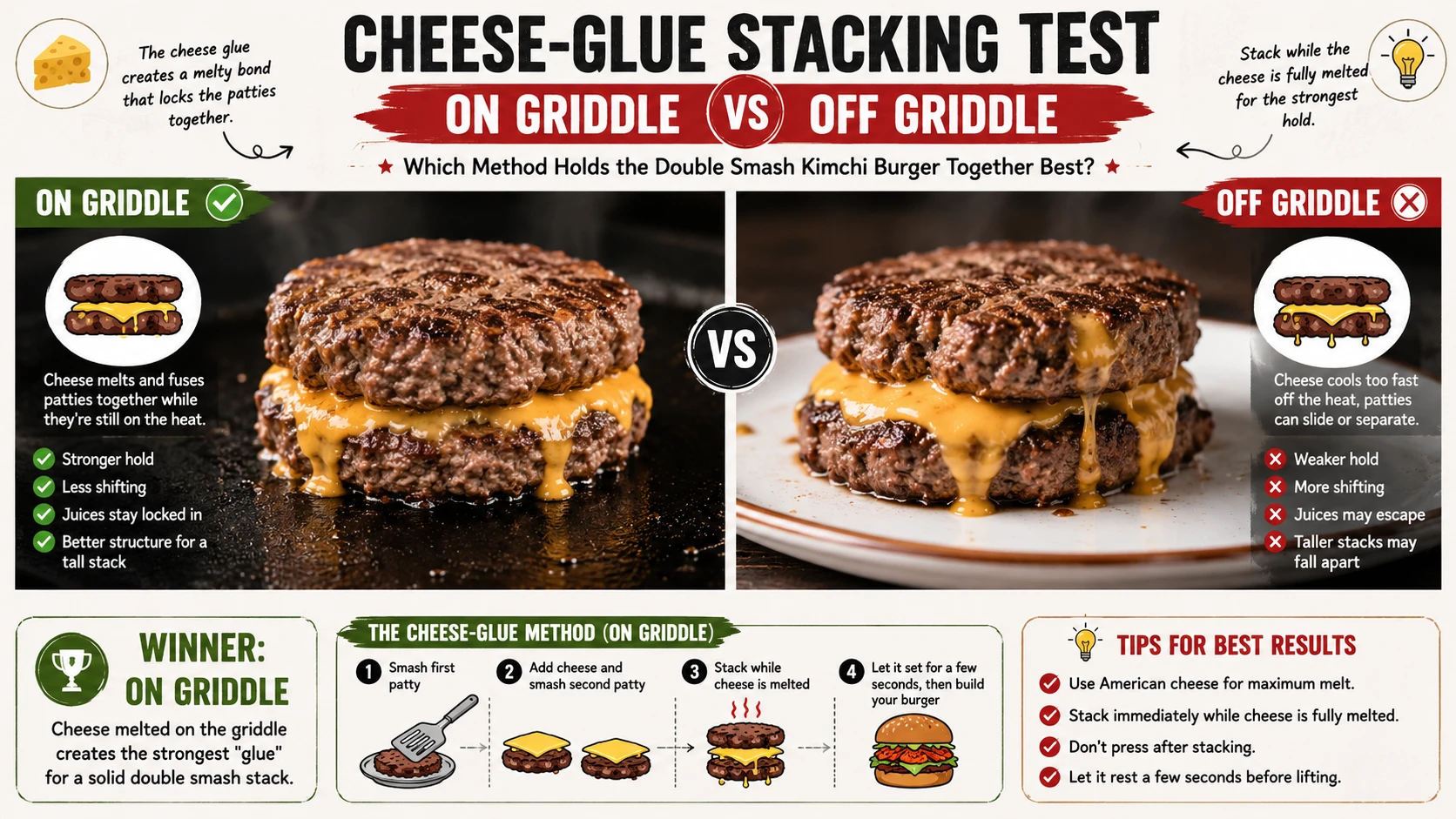 Cheese glue stacking test on griddle versus off griddle for double smash kimchi burger