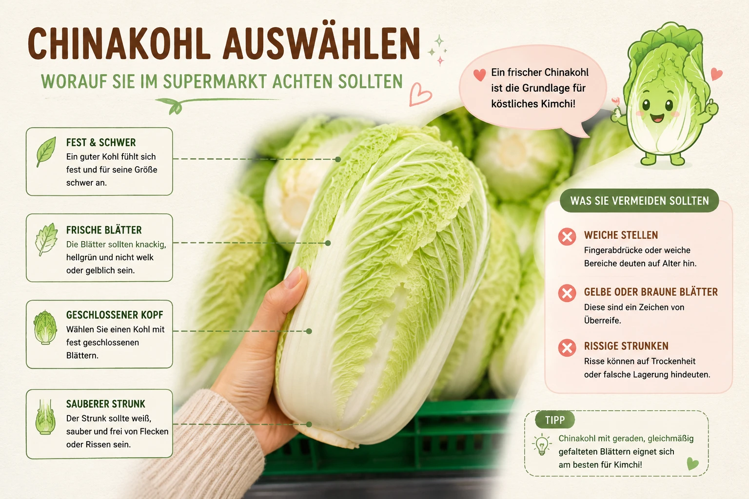Hand wählt einen frischen, fest geschlossenen Chinakohlkopf im Supermarkt aus