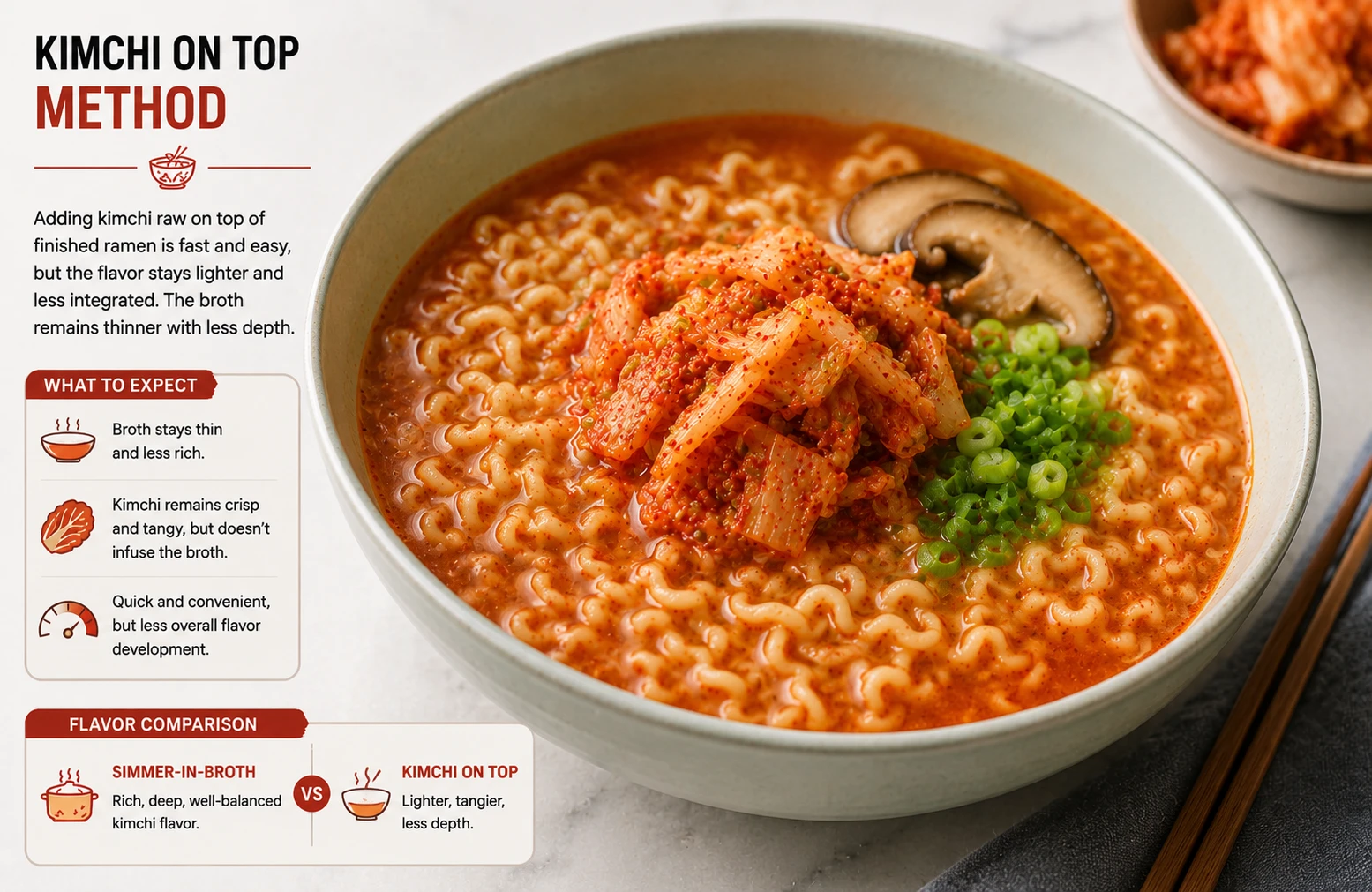 Kimchi added raw on top of finished ramen broth comparison thin flavour