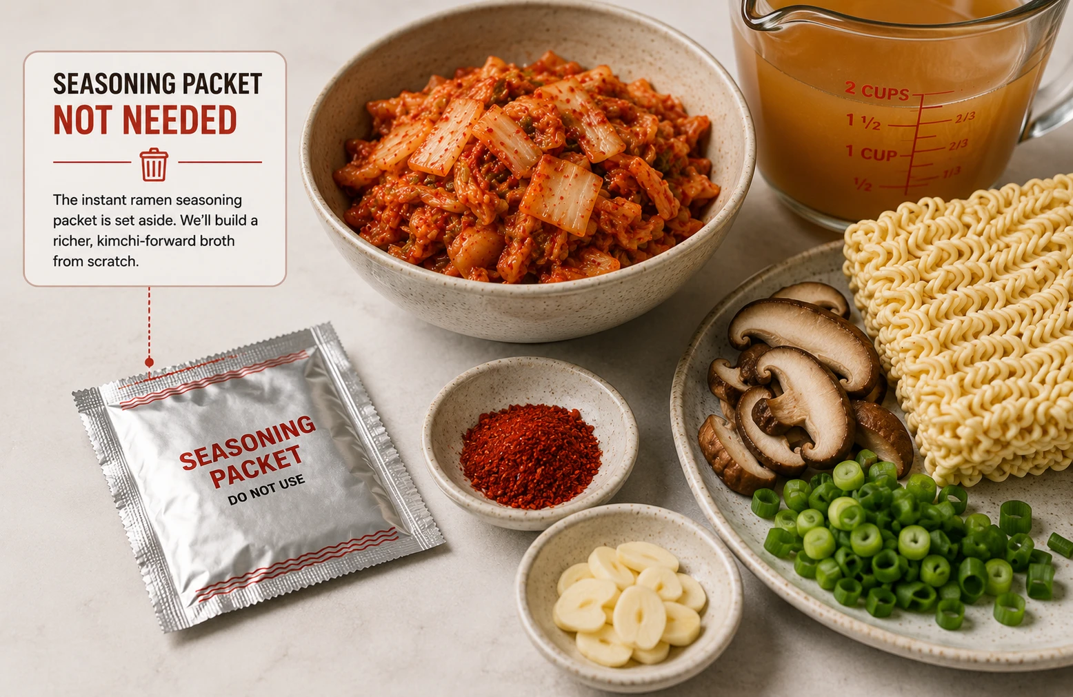 Instant ramen seasoning packet set aside unused next to kimchi ramen ingredients